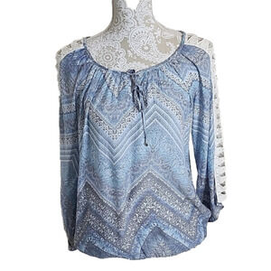 Alyx blue boho top with bell sleeves and lace, size S